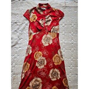 California Grown Red Floral Satin Cheong-sam Dress Mandarin Collar